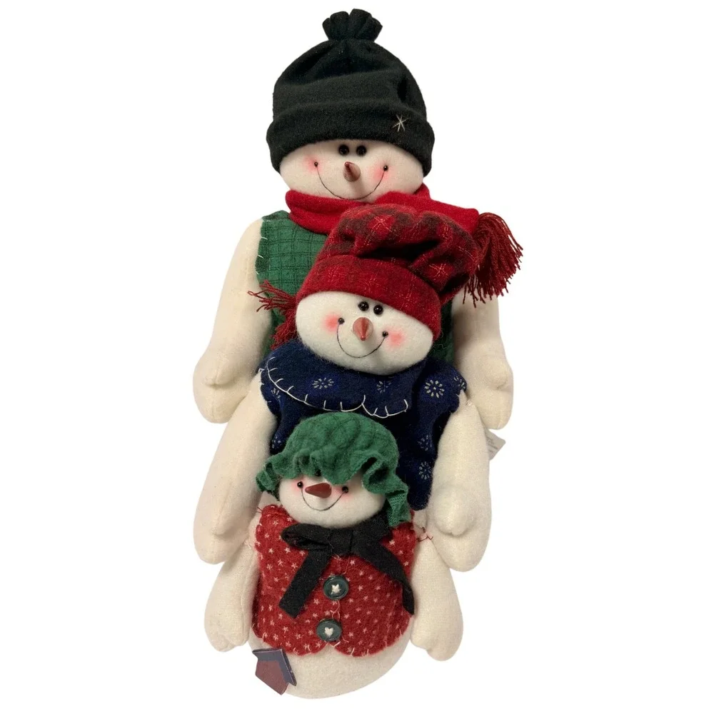 Primitive Snowman Family Plush Christmas Decor Trio Tiered Holiday Figurine 11in